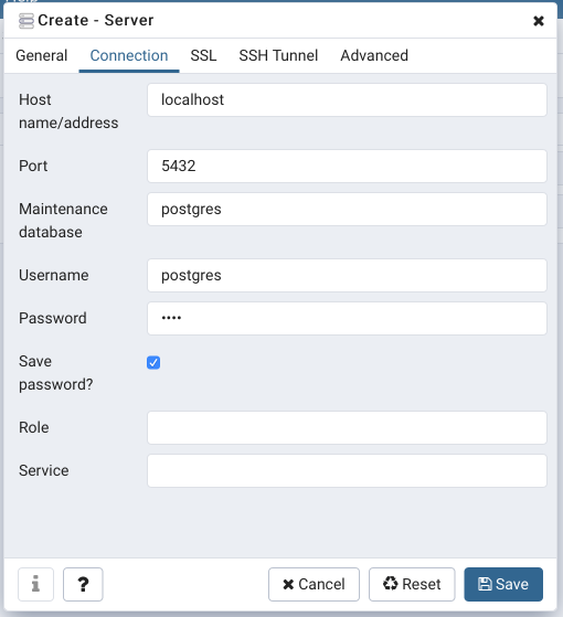 PGAdmin4 Server settings - Connection tab